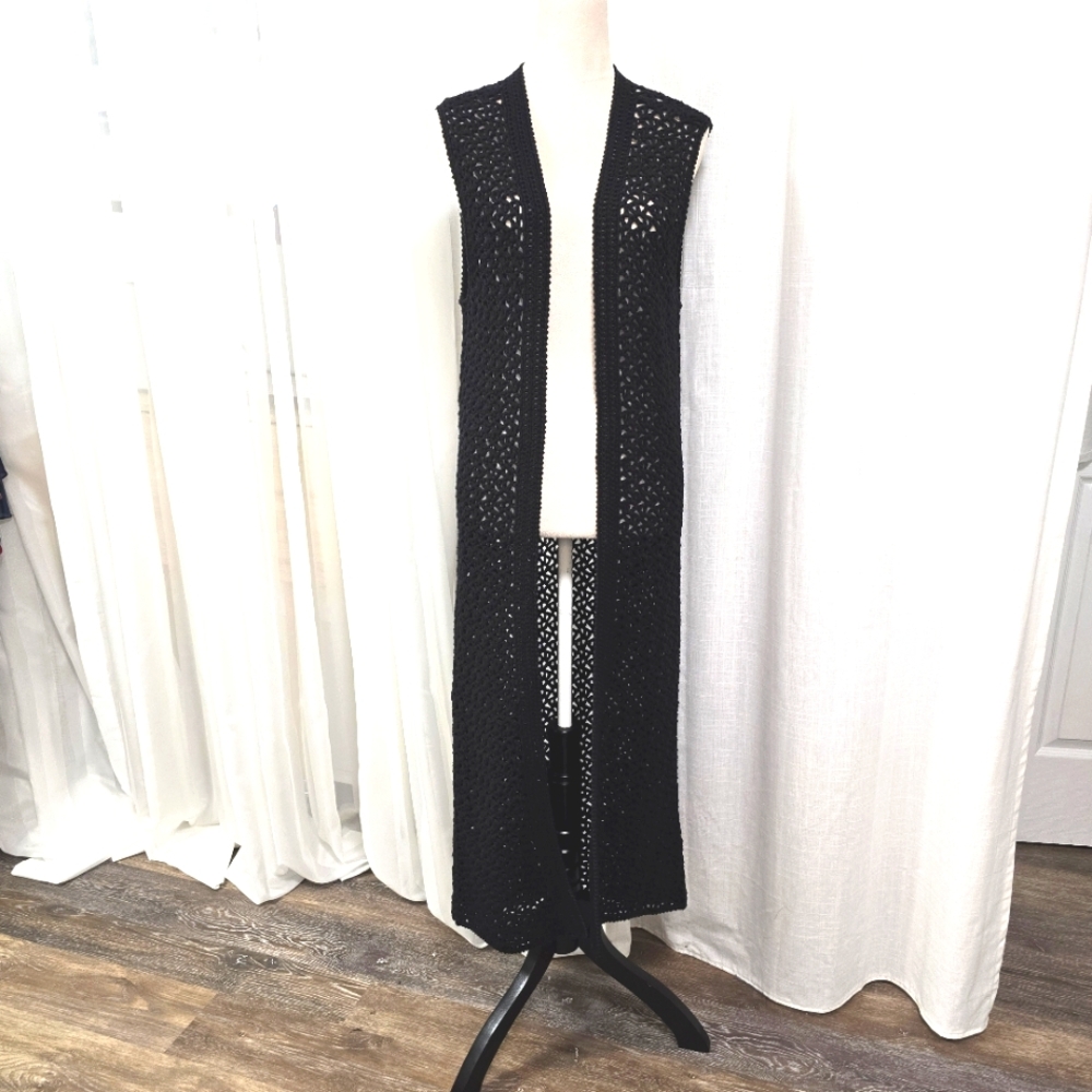 Pow Wow‎ Crochet Open Knit Long Black Open Cardigan Sleeveless Size L